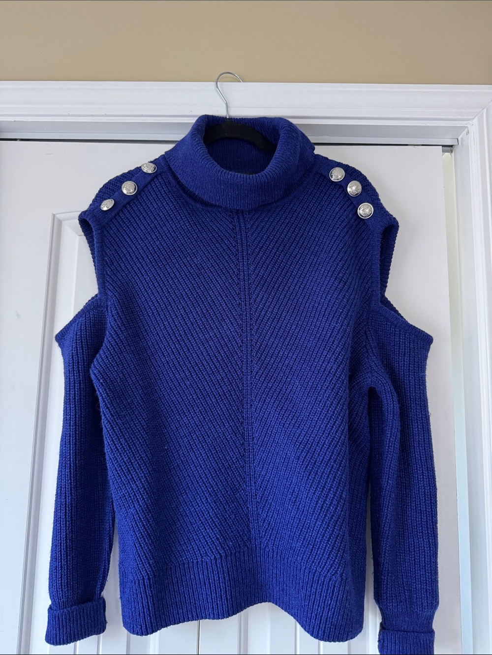 INC Blue Cold-Shoulder Turtleneck Sweater with Shoulder Buttons